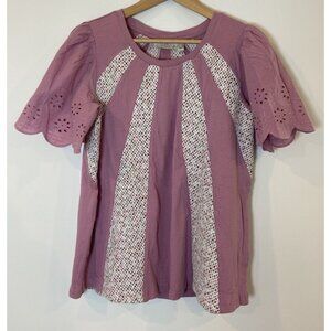 Logo by Lori Goldstein Shirt Short Sleeve Eyelet Mauve Purple Floral Small S